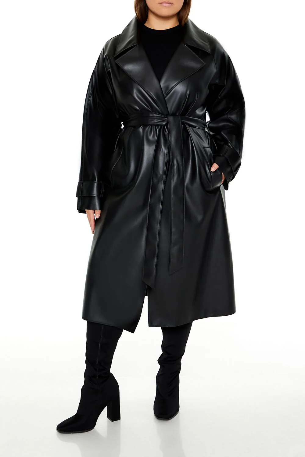 Plus Size Faux Leather Trench Coat - Image 2