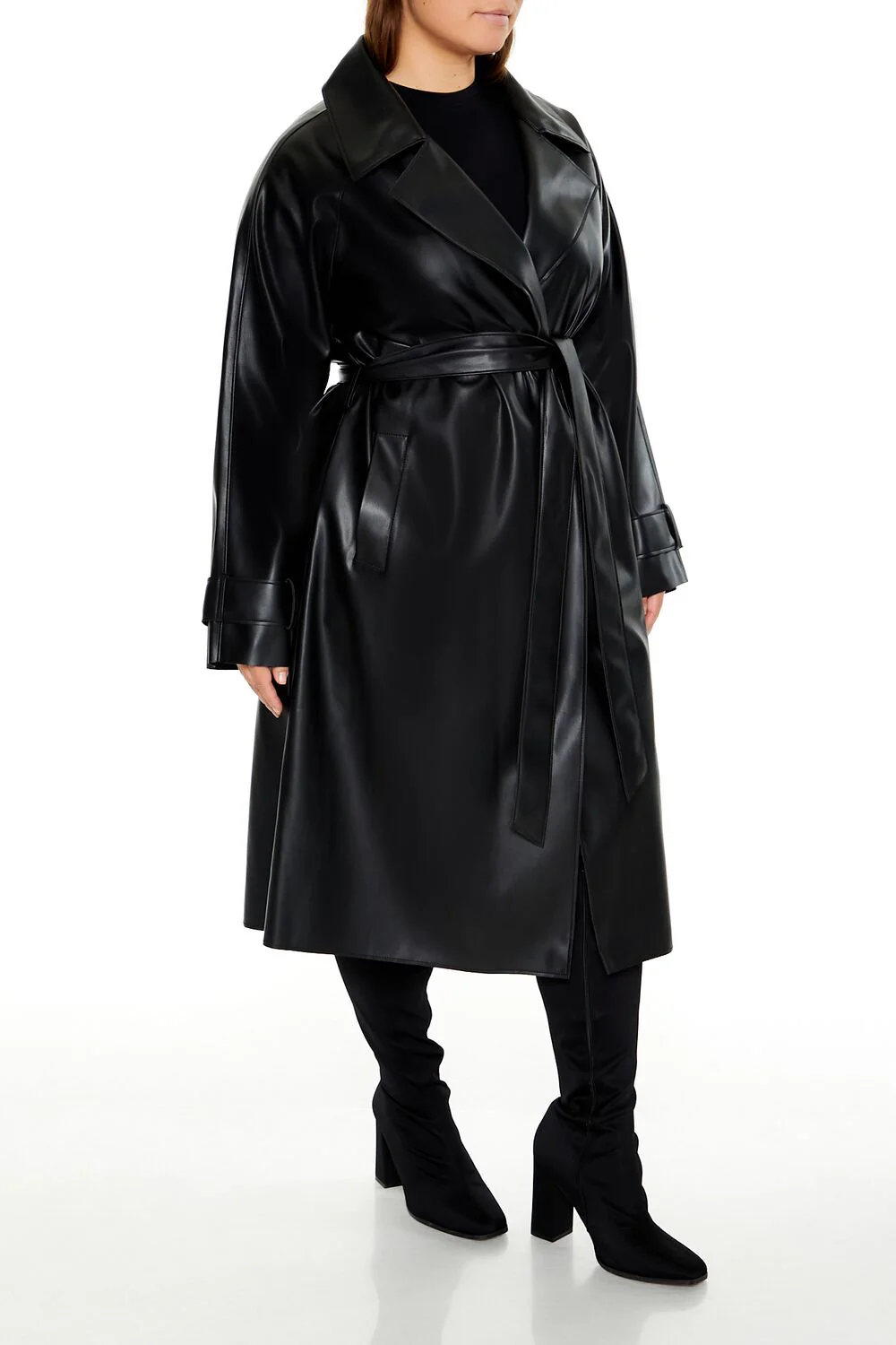 Plus Size Faux Leather Trench Coat - Image 3