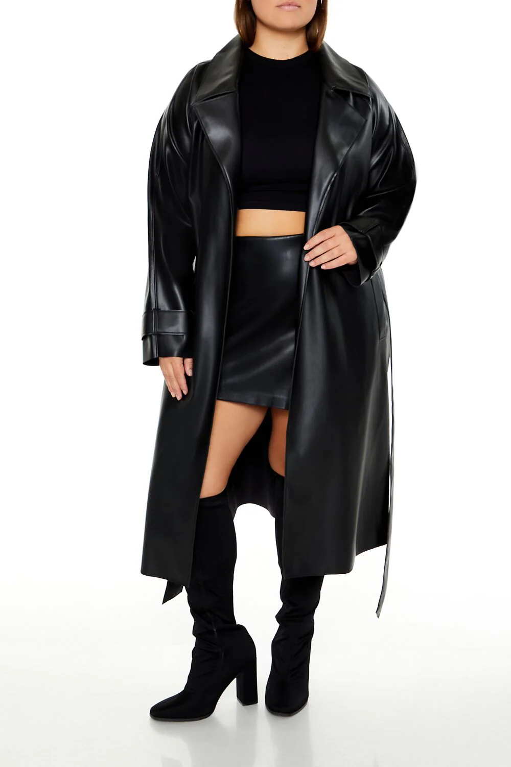 Plus Size Faux Leather Trench Coat - Image 6