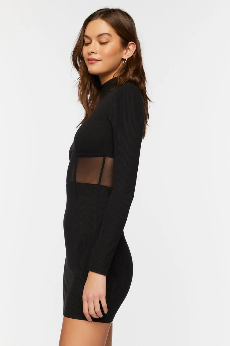 Mesh Panel Long-Sleeve Mini Dress - Image 2