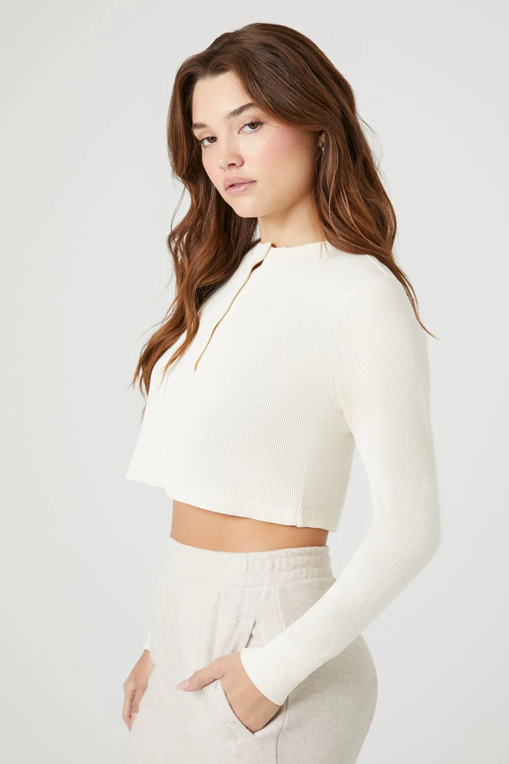 Cotton Ribbed Cropped Henley Top - Image 2