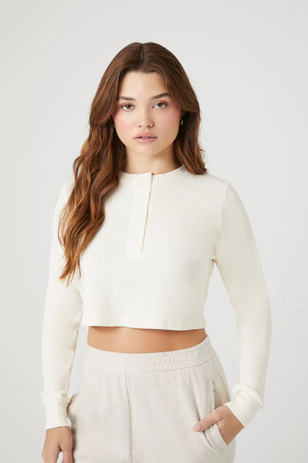 Cotton Ribbed Cropped Henley Top - Image 6