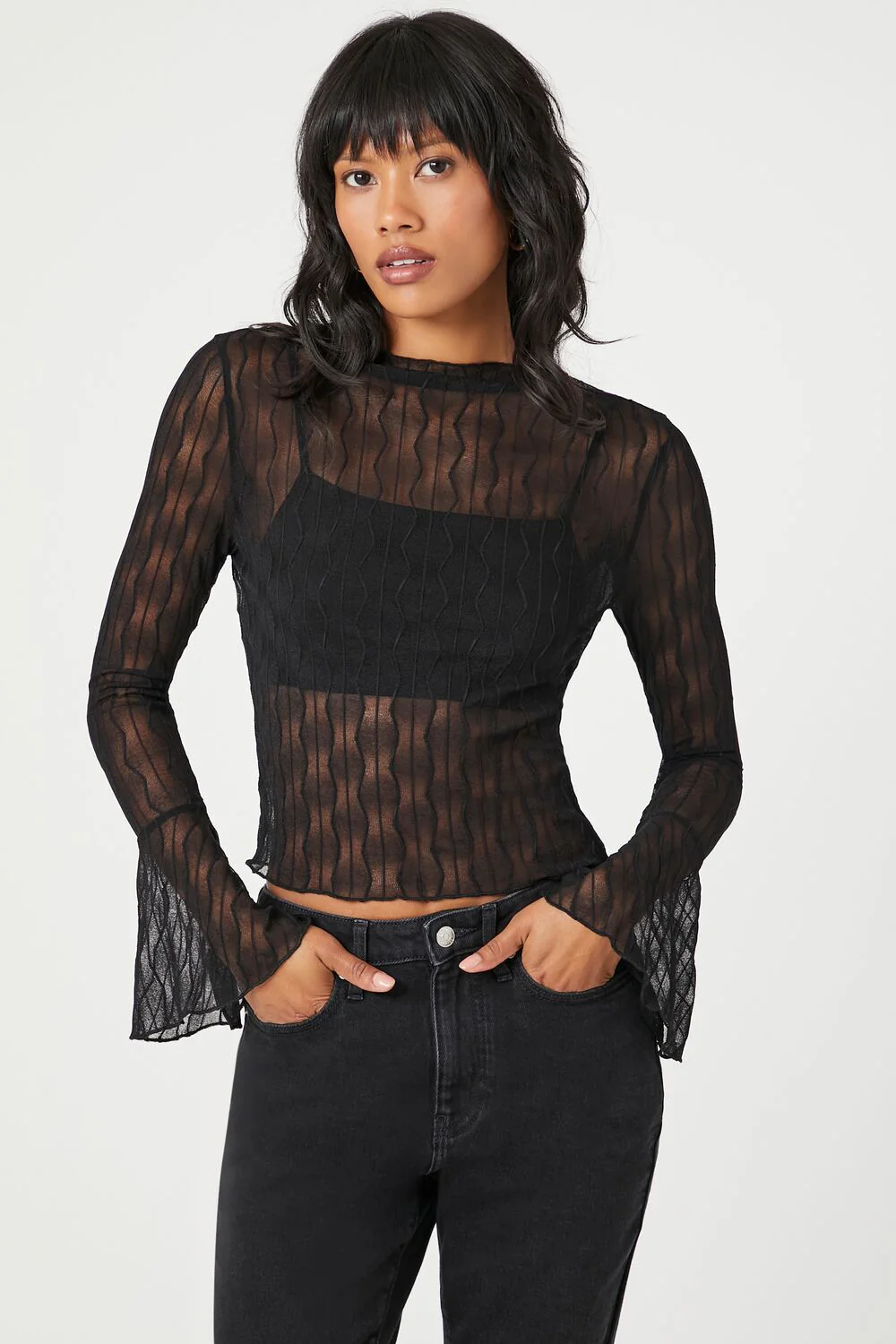 Sheer Lace Trumpet-Sleeve Top - Image 2