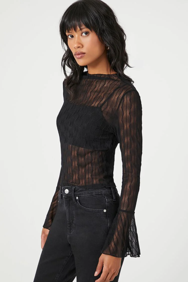 Sheer Lace Trumpet-Sleeve Top - Image 3