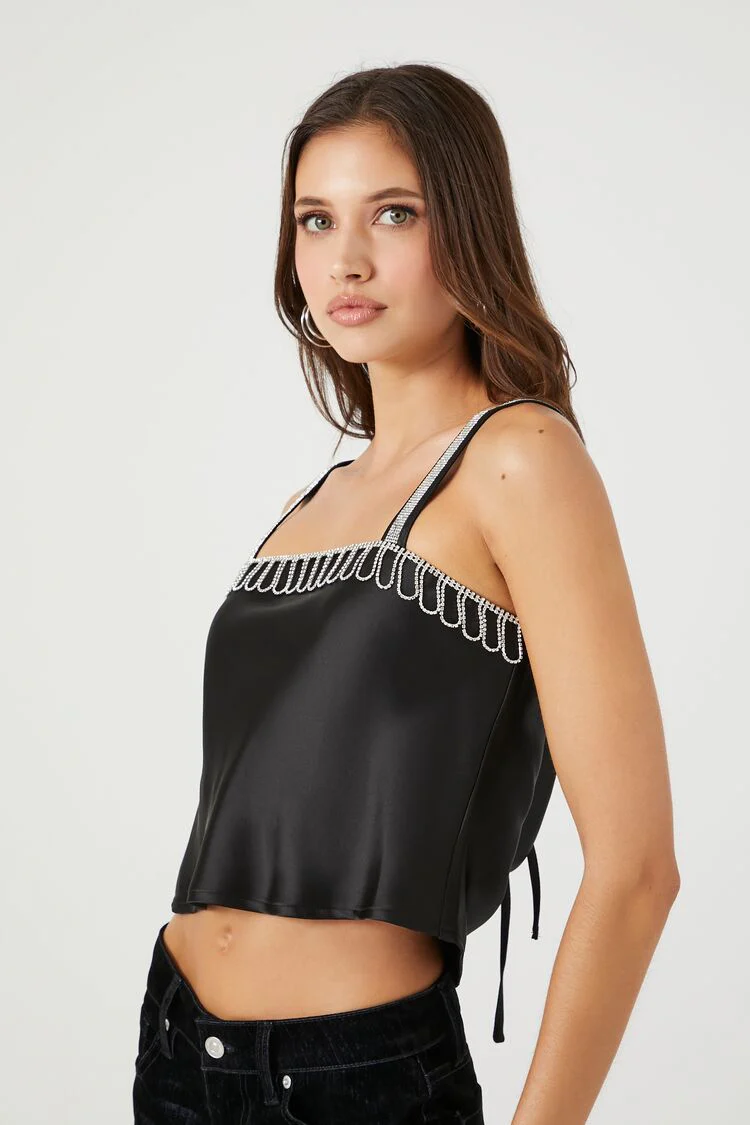 Satin Rhinestone-Trim Cropped Cami - Image 2