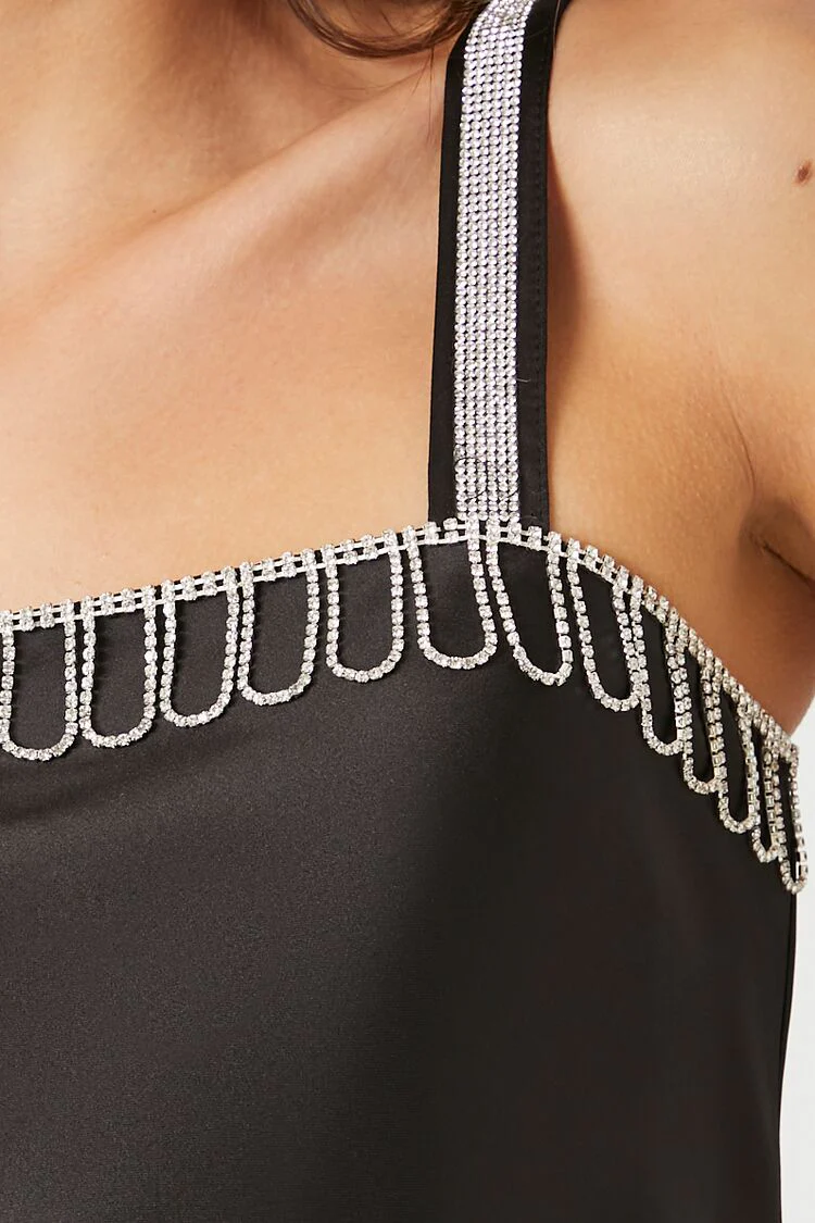 Satin Rhinestone-Trim Cropped Cami - Image 5