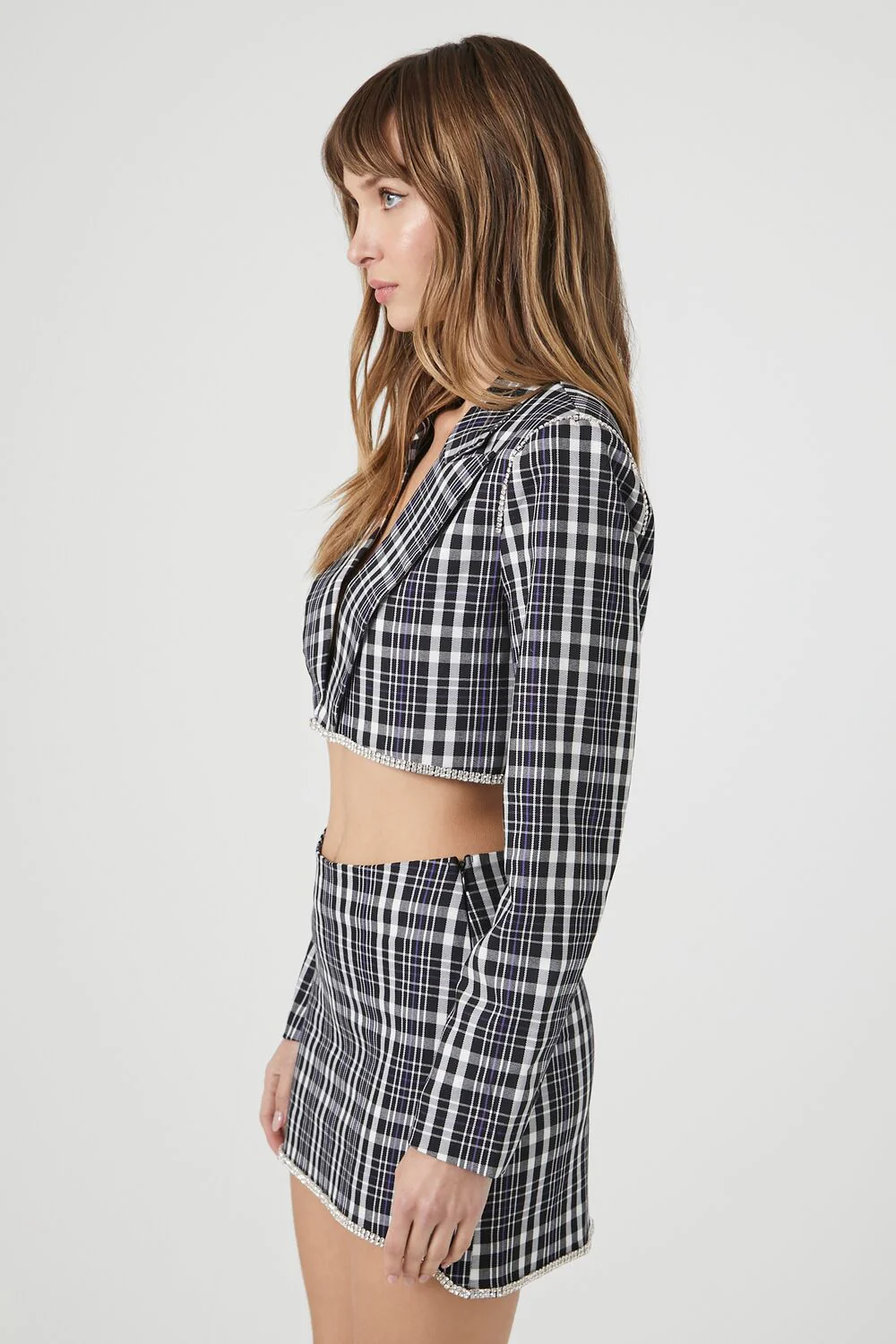 Plaid Rhinestone-Trim Cropped Blazer - Image 2