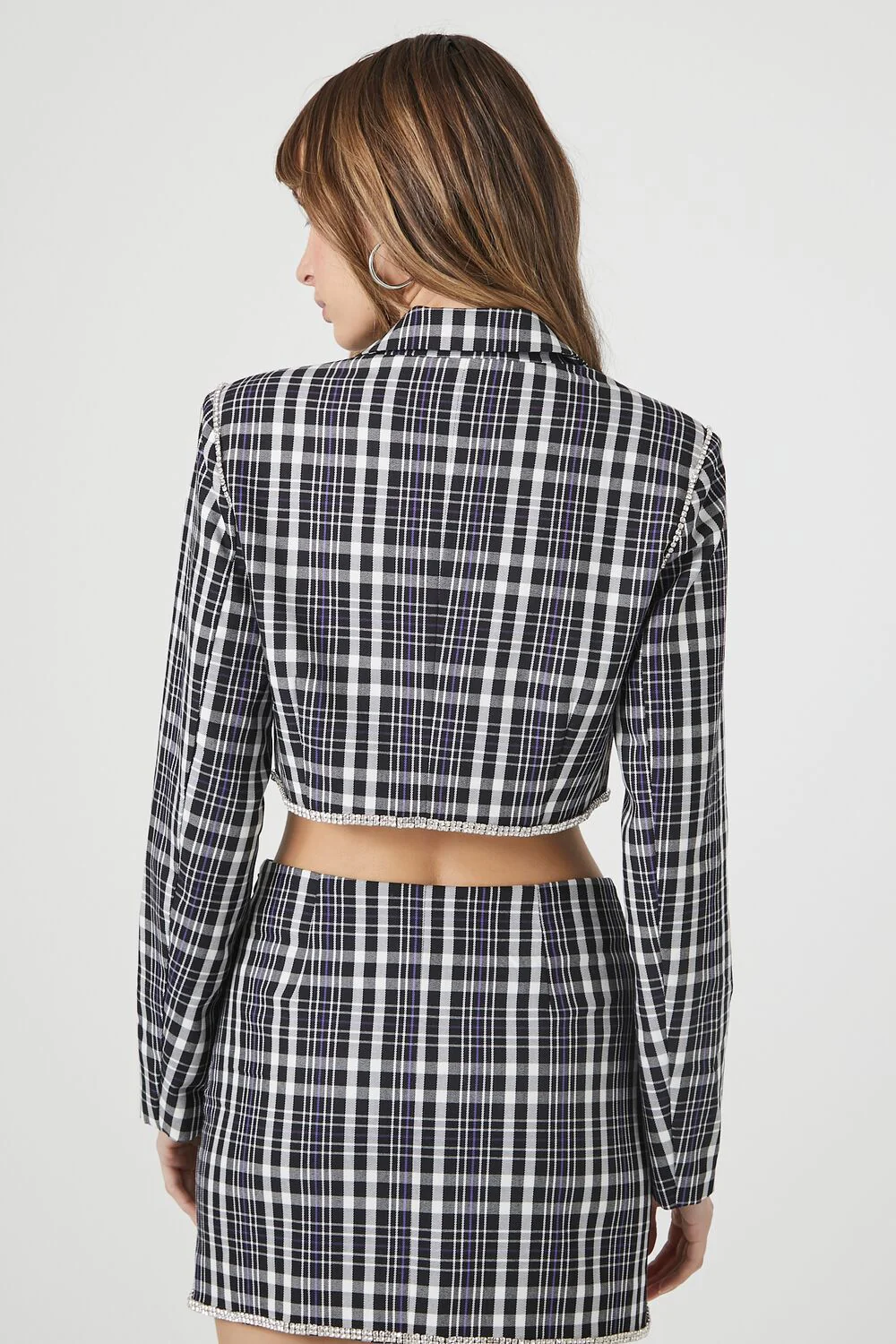 Plaid Rhinestone-Trim Cropped Blazer - Image 3