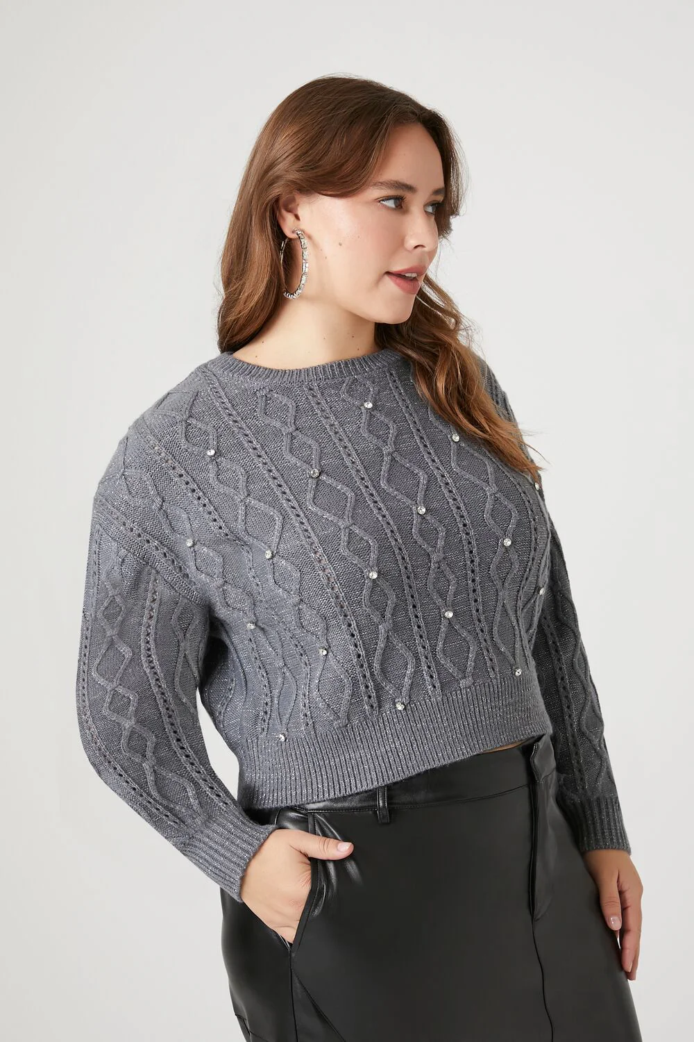Plus Size Rhinestone Cable Knit Sweater - Image 2