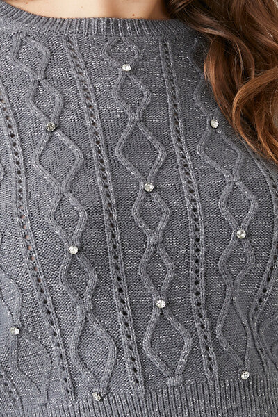 Plus Size Rhinestone Cable Knit Sweater - Image 5