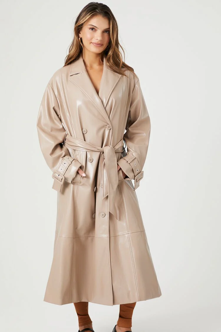 Faux Leather Double-Breasted Trench Coat - Image 2