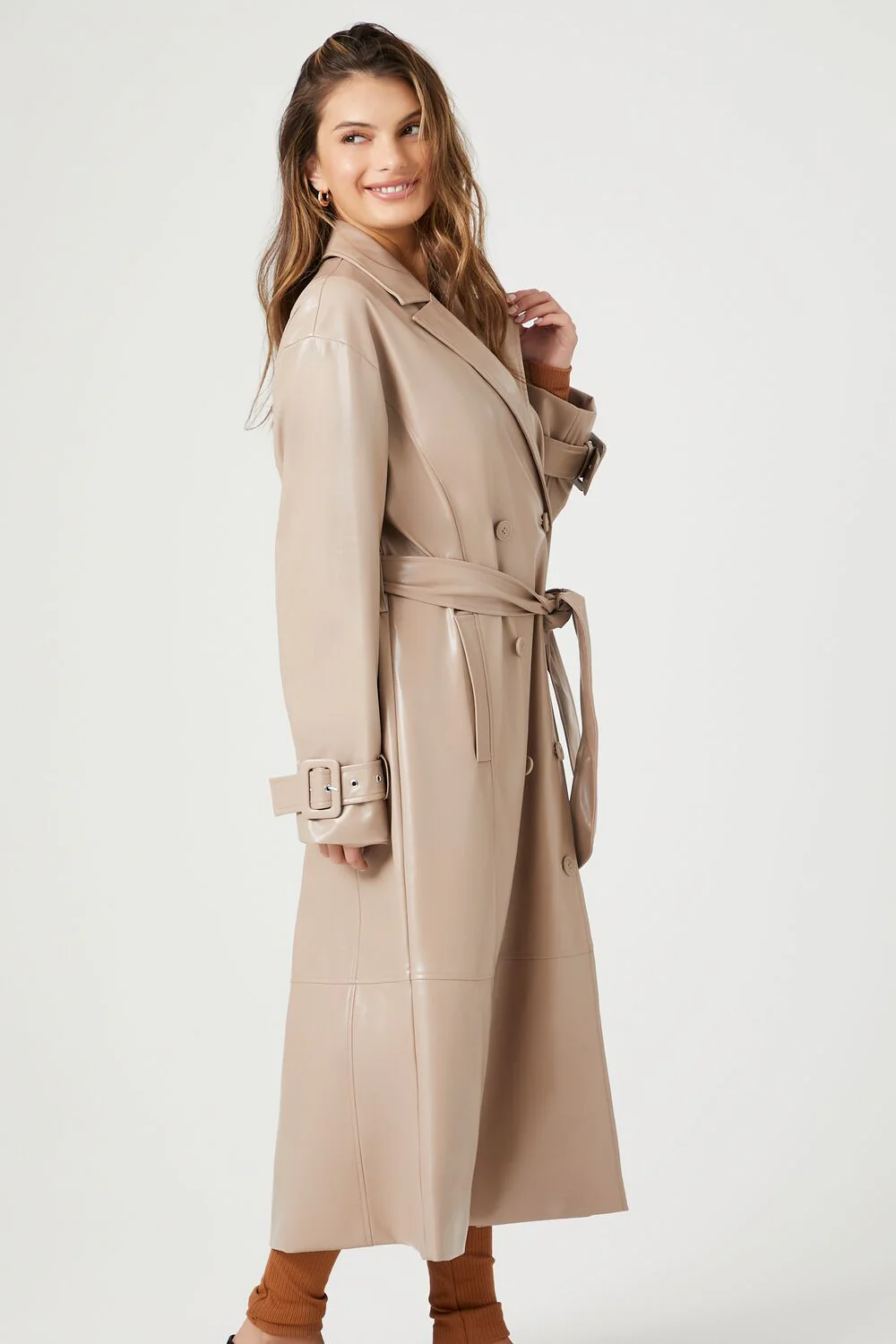 Faux Leather Double-Breasted Trench Coat - Image 3