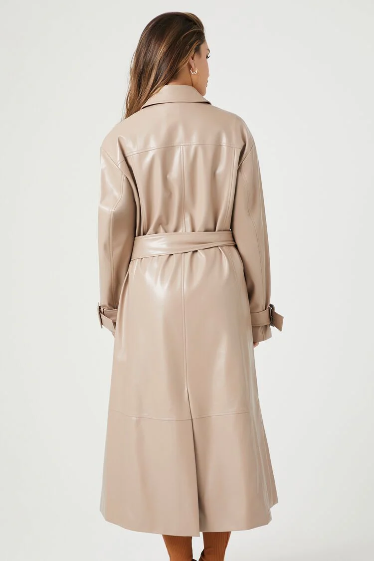 Faux Leather Double-Breasted Trench Coat - Image 4