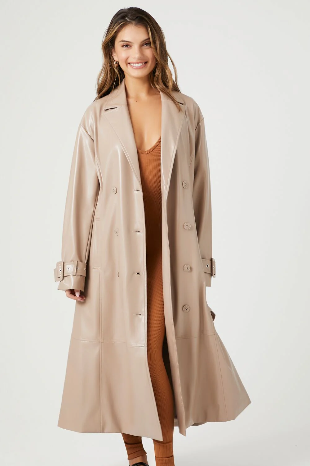 Faux Leather Double-Breasted Trench Coat - Image 5