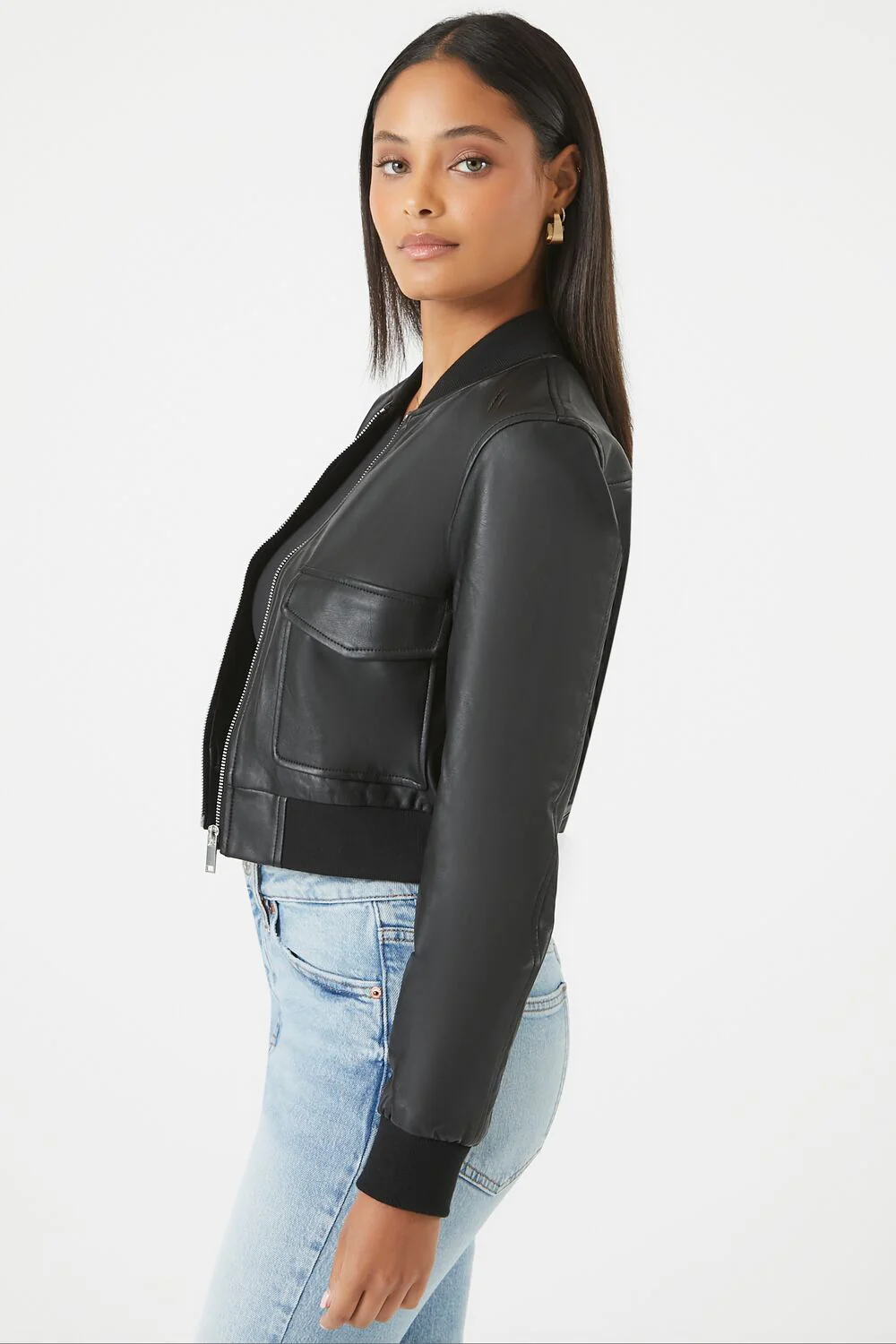 Faux Leather Cropped Bomber Jacket - Image 2