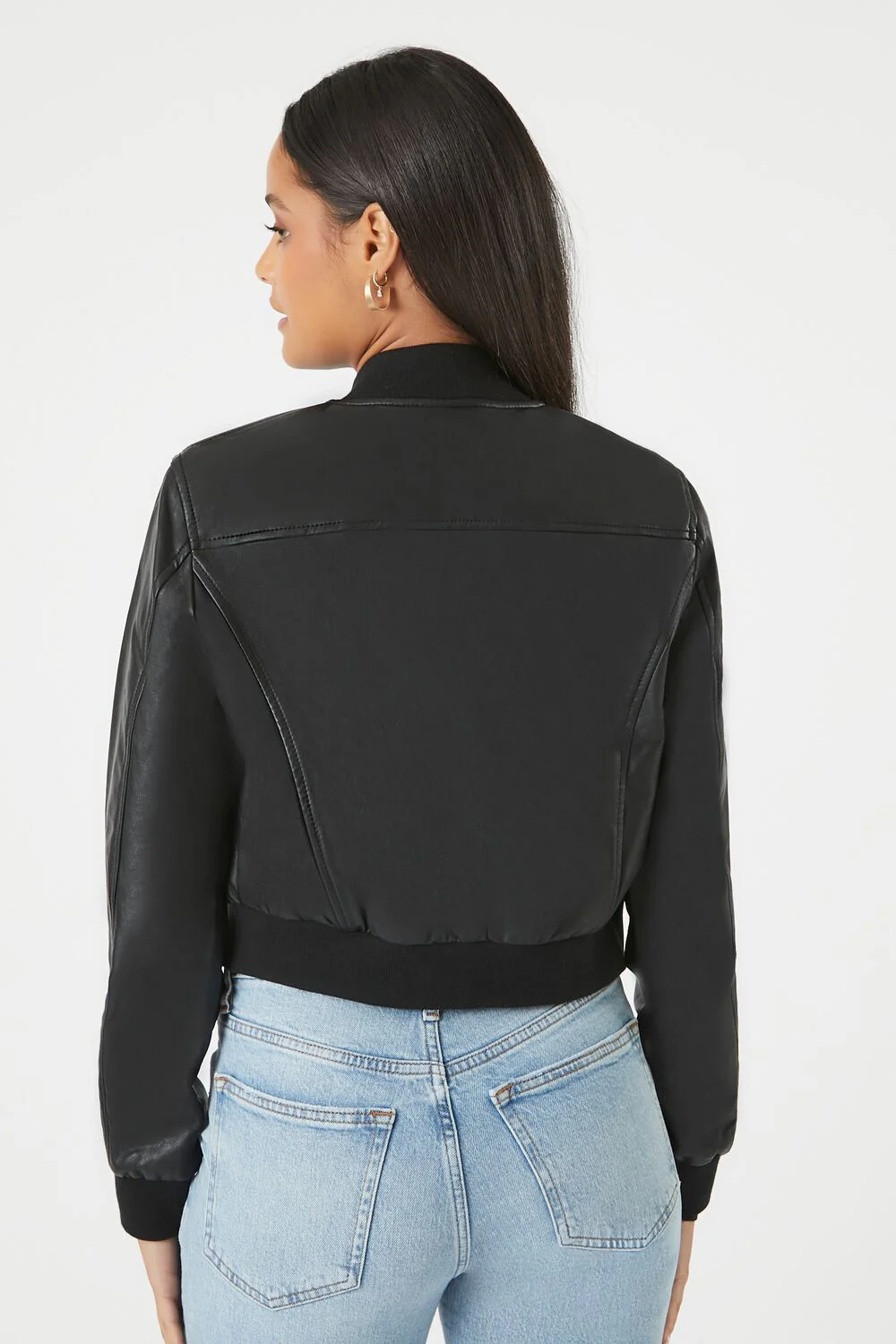 Faux Leather Cropped Bomber Jacket - Image 3