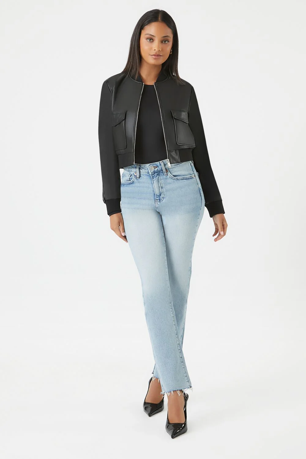Faux Leather Cropped Bomber Jacket - Image 4