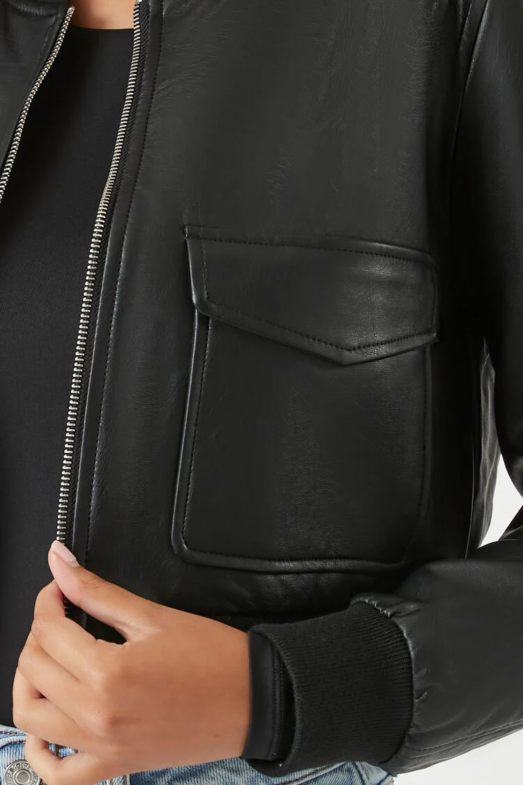 Faux Leather Cropped Bomber Jacket - Image 5