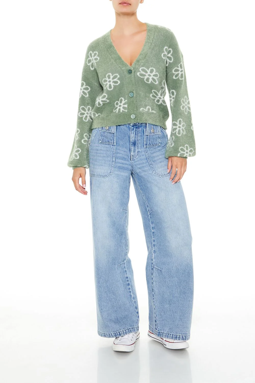 Floral Print Fuzzy Cardigan Sweater - Image 2