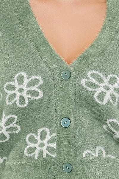 Floral Print Fuzzy Cardigan Sweater - Image 3