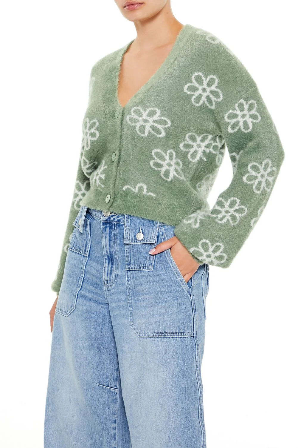 Floral Print Fuzzy Cardigan Sweater - Image 4