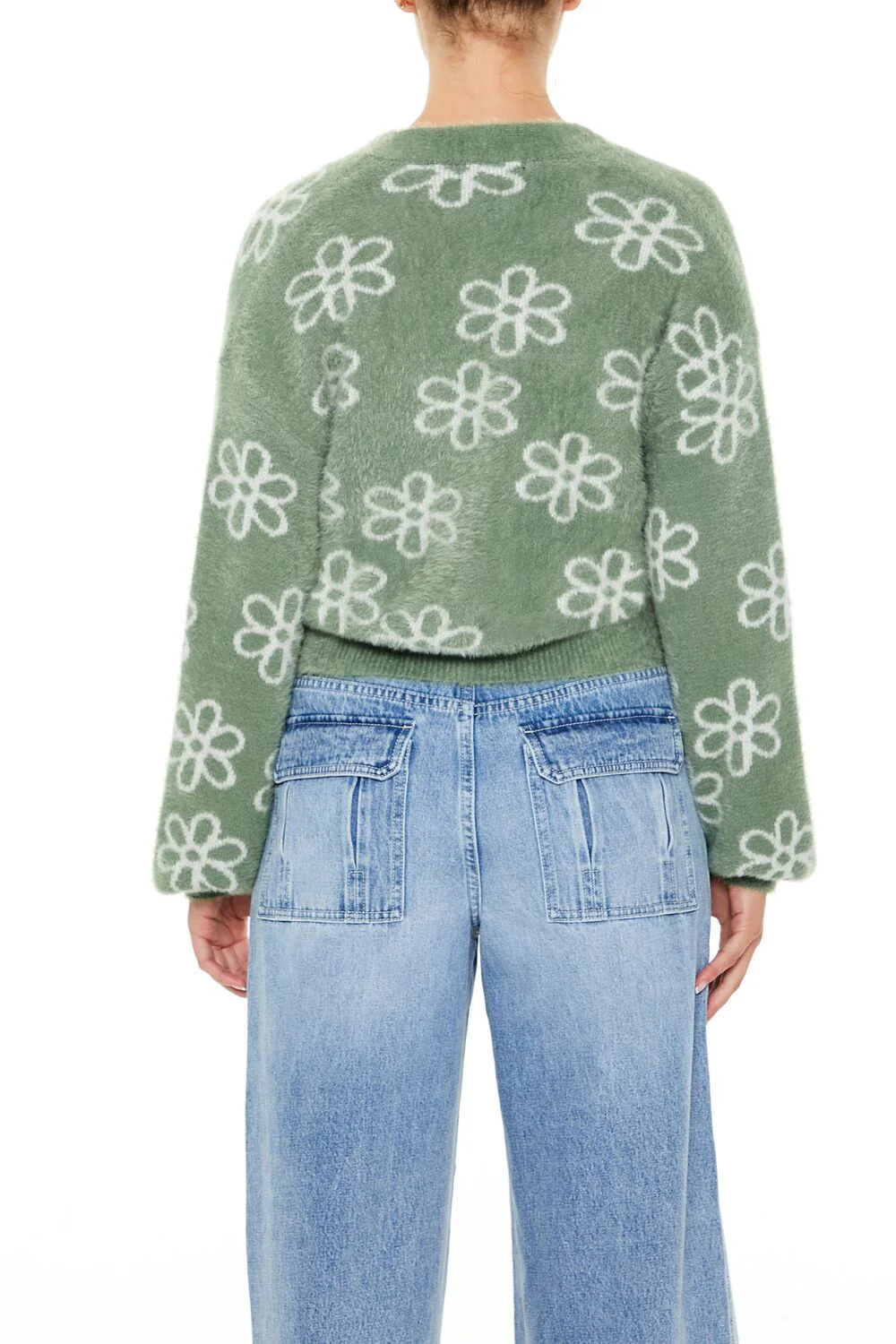 Floral Print Fuzzy Cardigan Sweater - Image 5