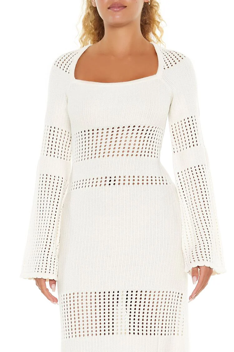 Open-Knit Bell-Sleeve Sweater Dress - Image 7