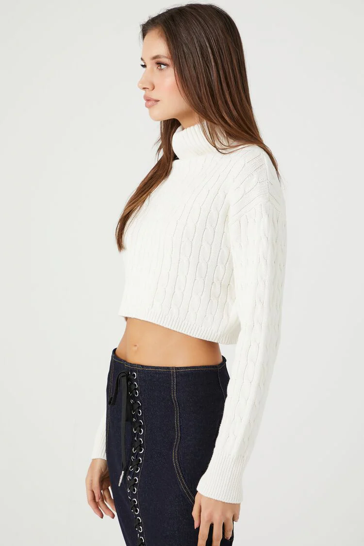 Cable Knit Turtleneck Cropped Sweater - Image 2