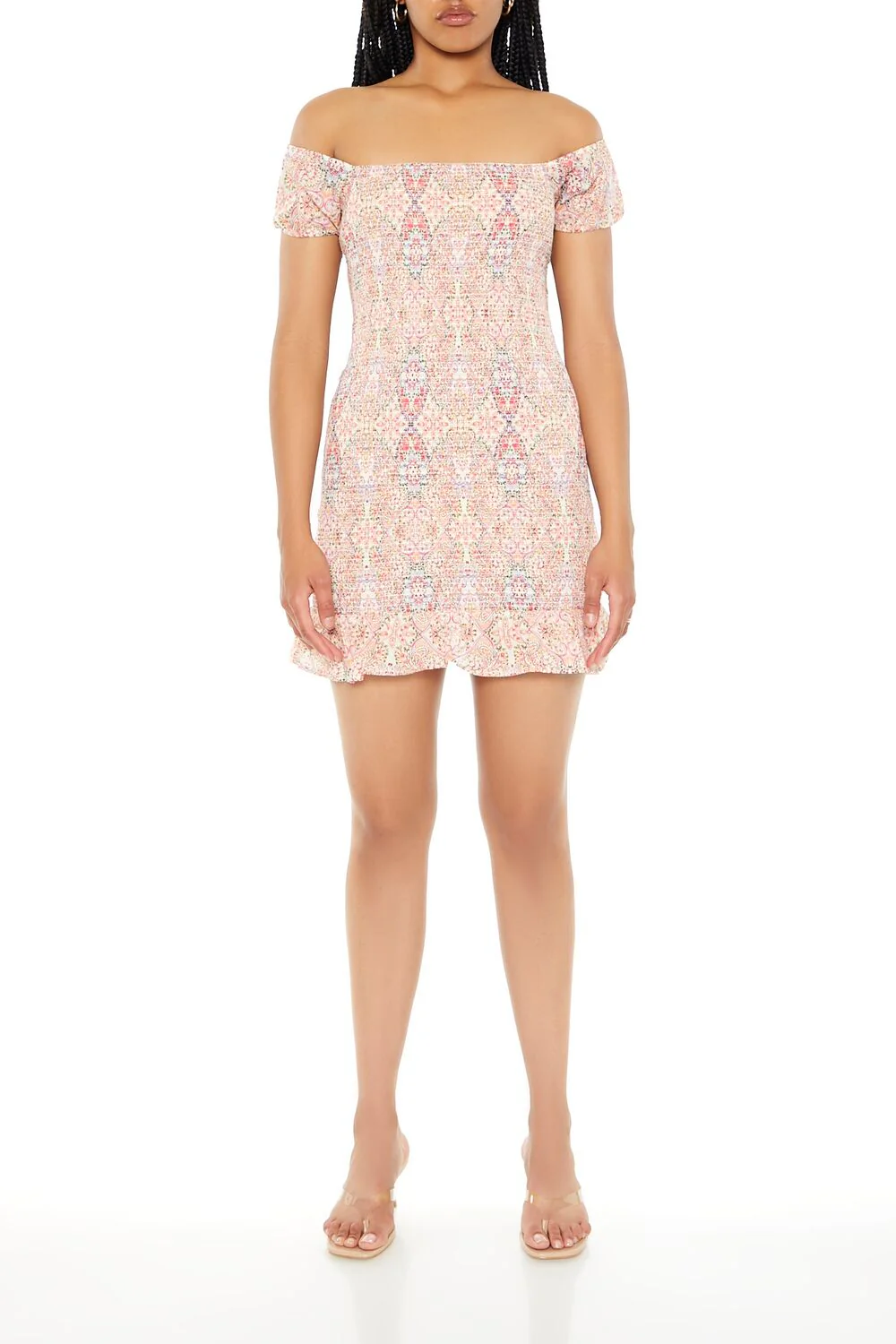 Smocked Ornate Print Mini Dress - Image 4