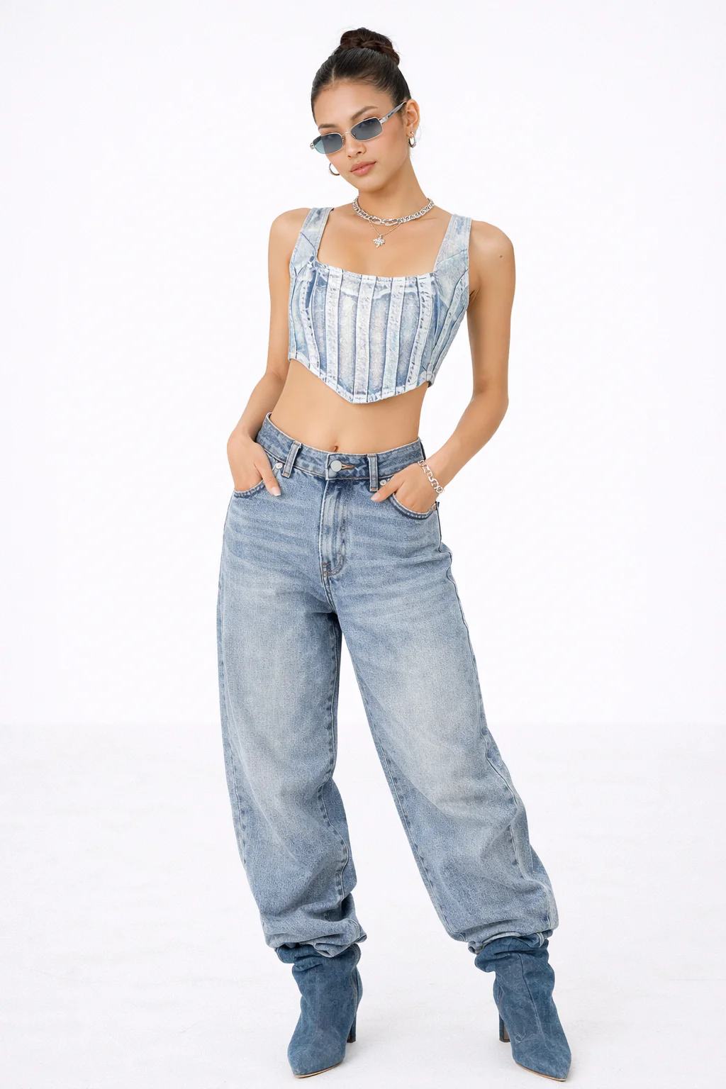 Denim Curved-Hem Crop Top - Image 3