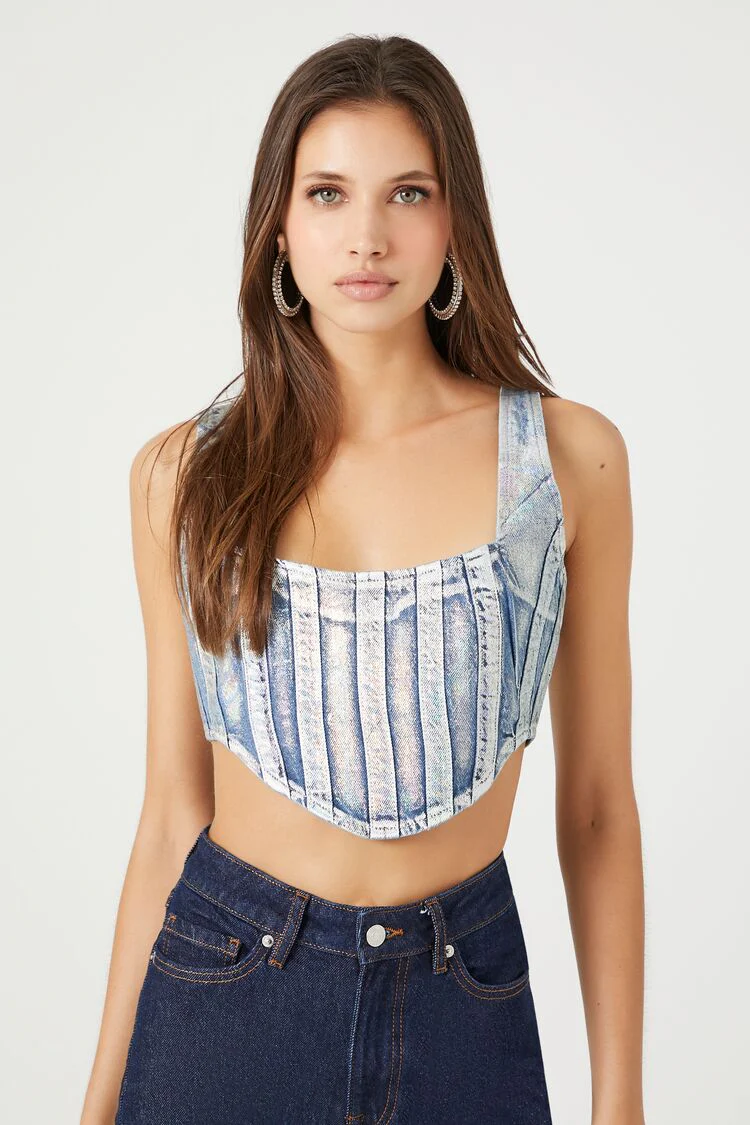 Denim Curved-Hem Crop Top - Image 4