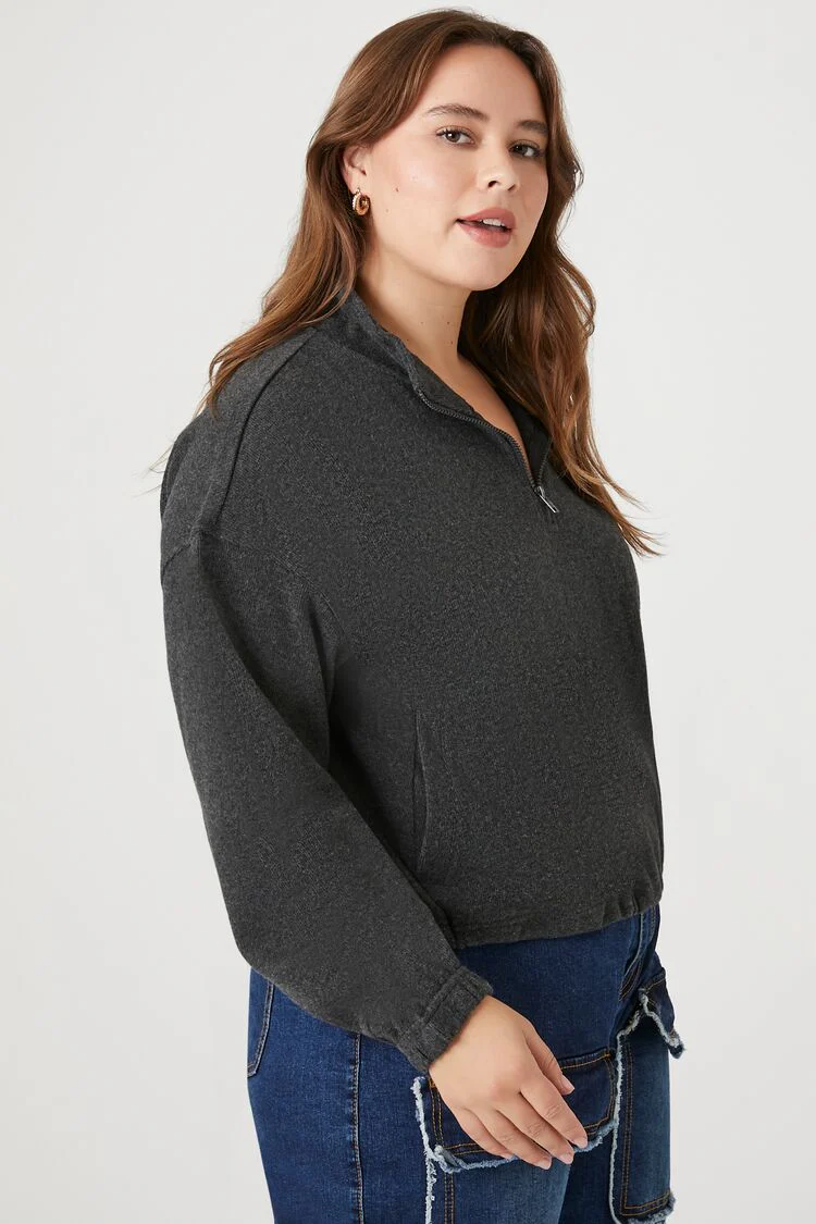 Plus Size Half-Zip Cropped Rib-Knit Pullover - Image 2