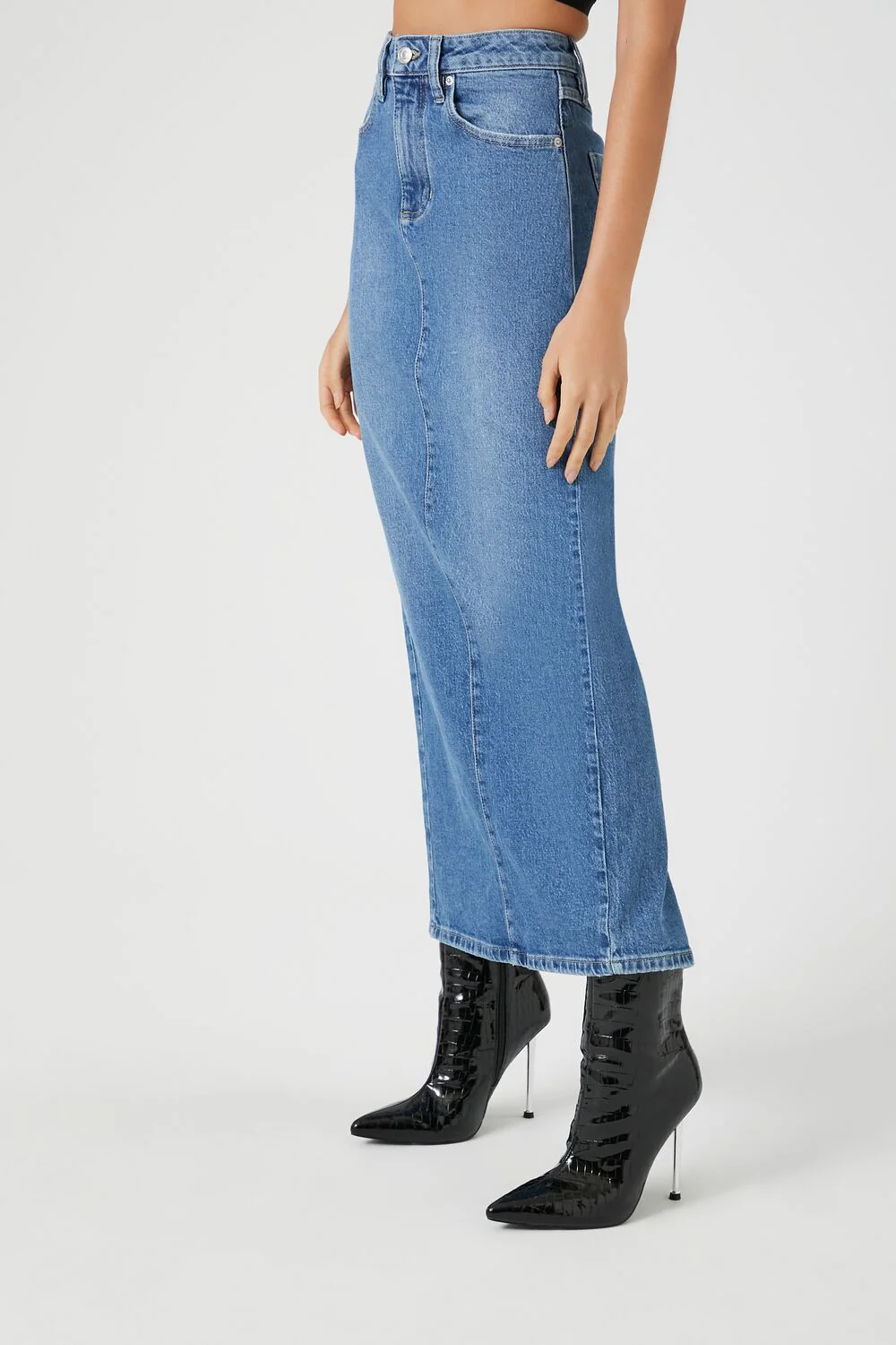 Stone Wash Slit Denim Maxi Skirt - Image 3