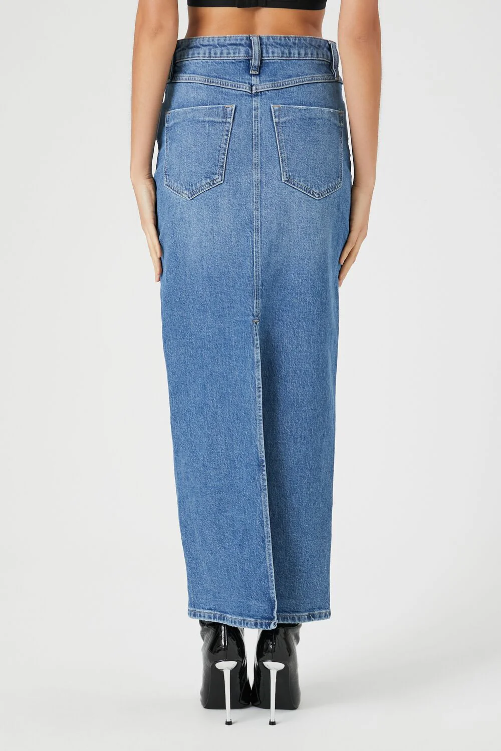 Stone Wash Slit Denim Maxi Skirt - Image 4