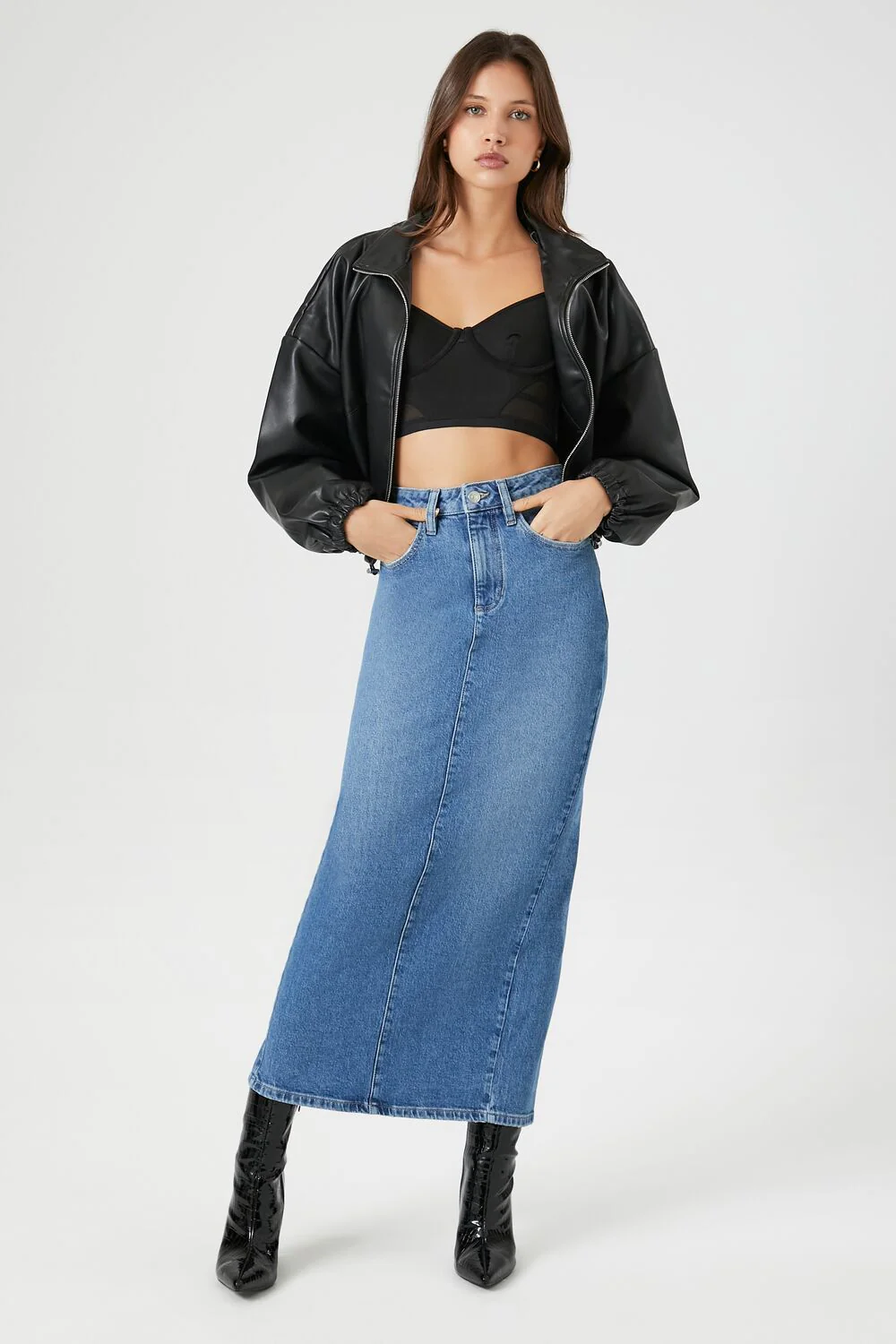 Stone Wash Slit Denim Maxi Skirt - Image 5