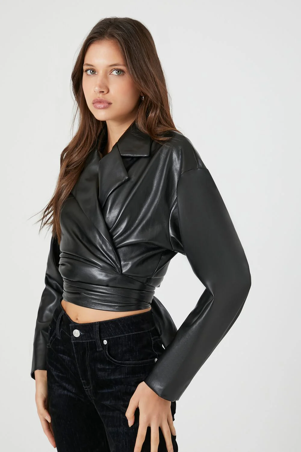 Faux Leather Wrap Moto Jacket - Image 2