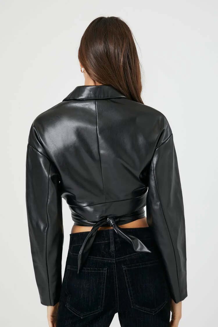 Faux Leather Wrap Moto Jacket - Image 3
