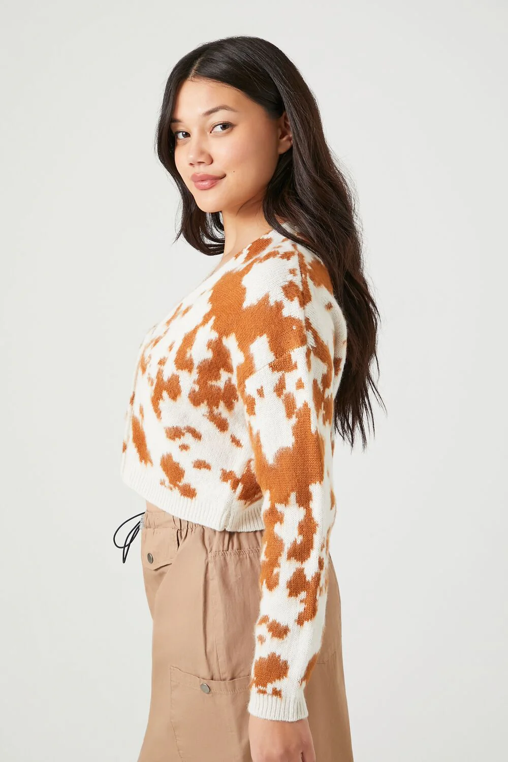 Cropped Cow Print Cardigan Sweater - Image 2