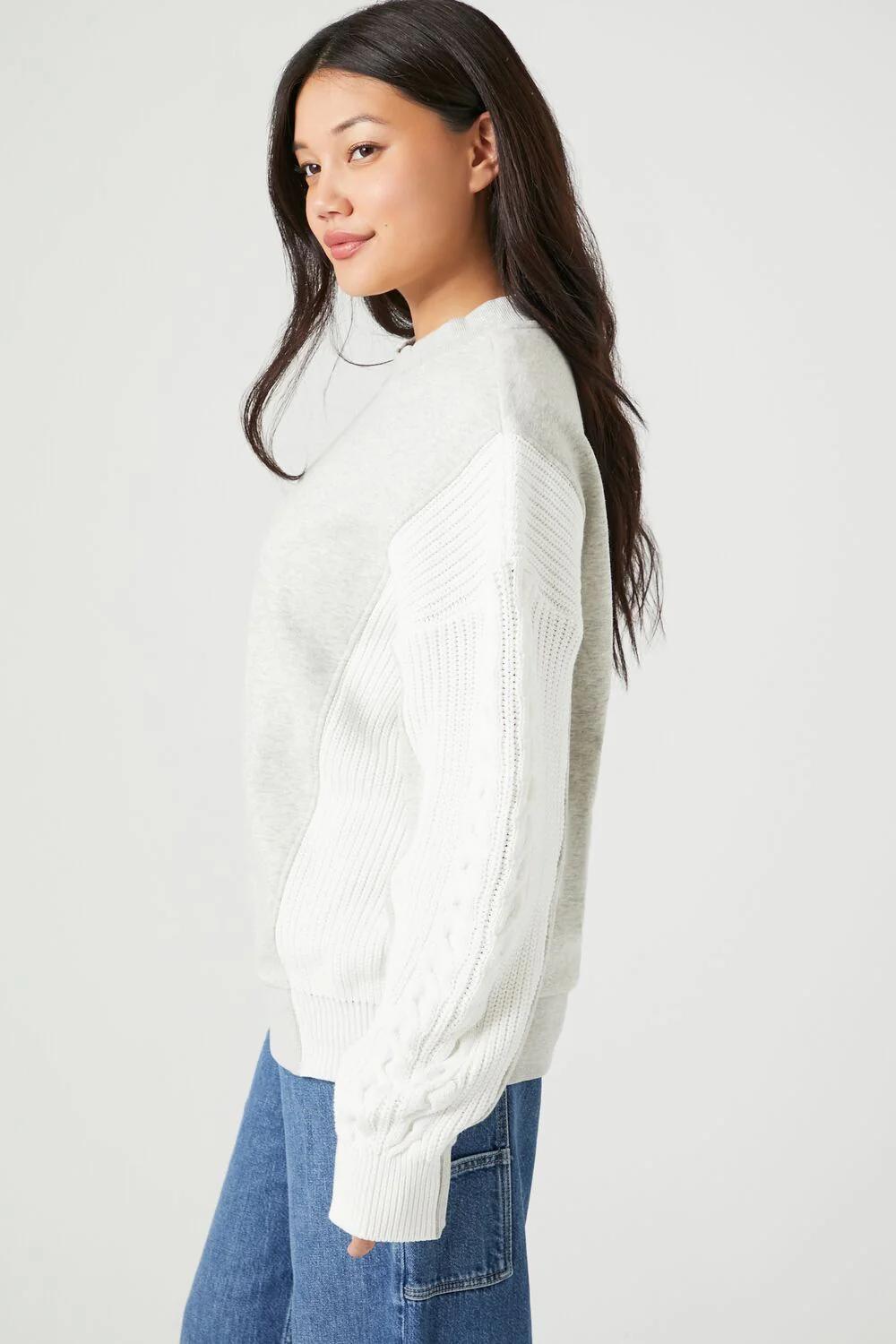 Colorblock Cable Knit-Sleeve Pullover - Image 2