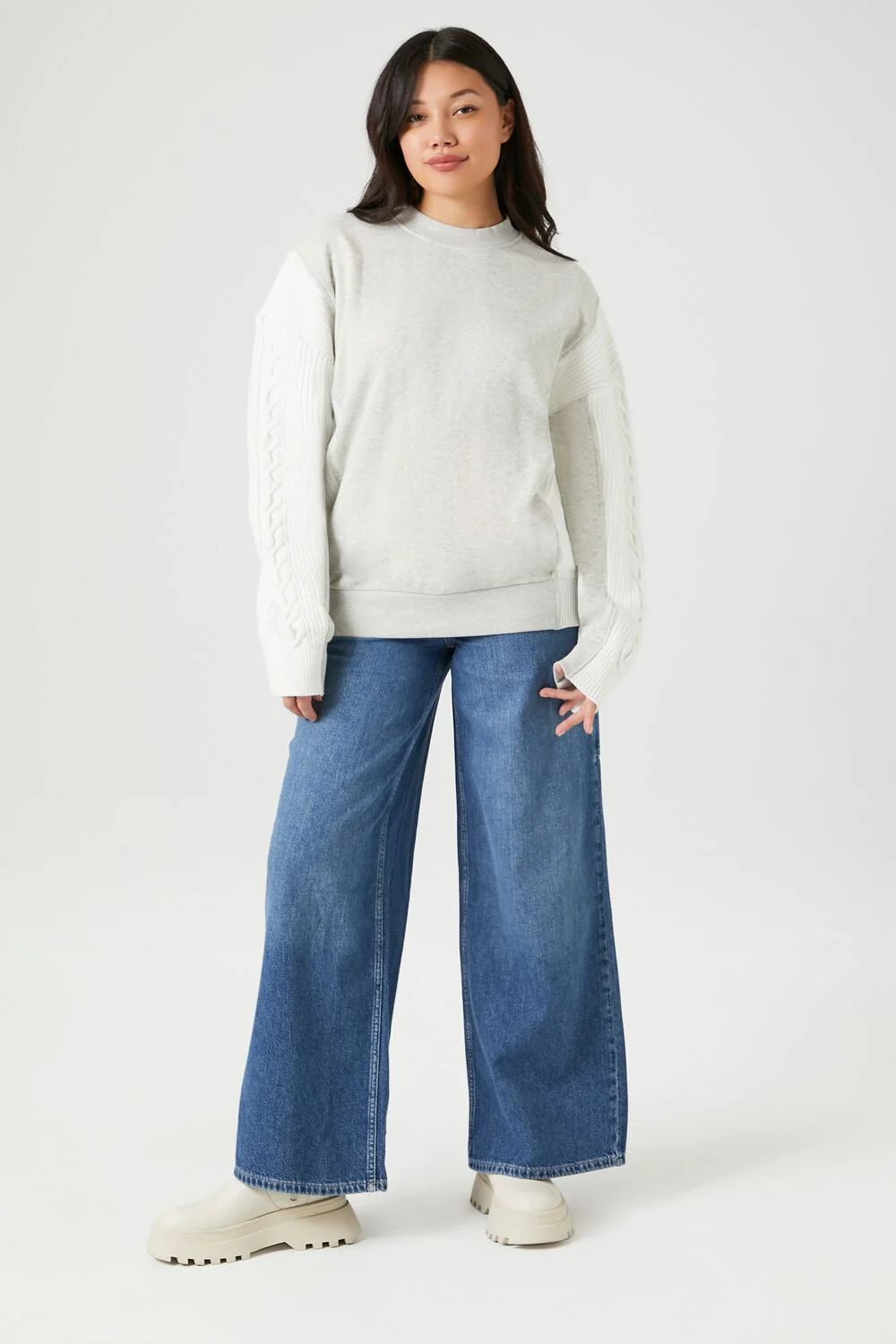 Colorblock Cable Knit-Sleeve Pullover - Image 4