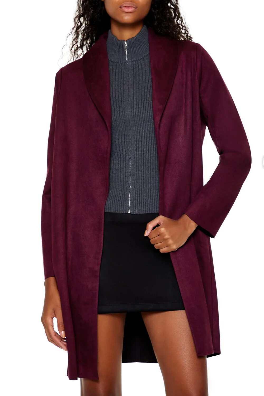 Faux Suede Open-Front Trench Coat - Image 2