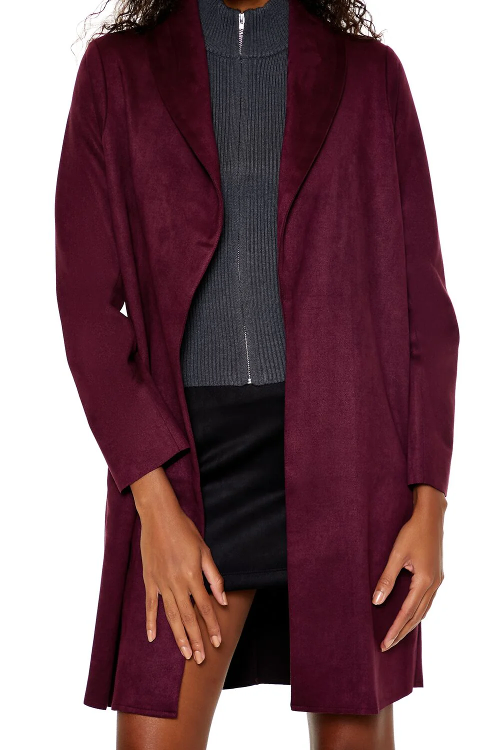 Faux Suede Open-Front Trench Coat - Image 3