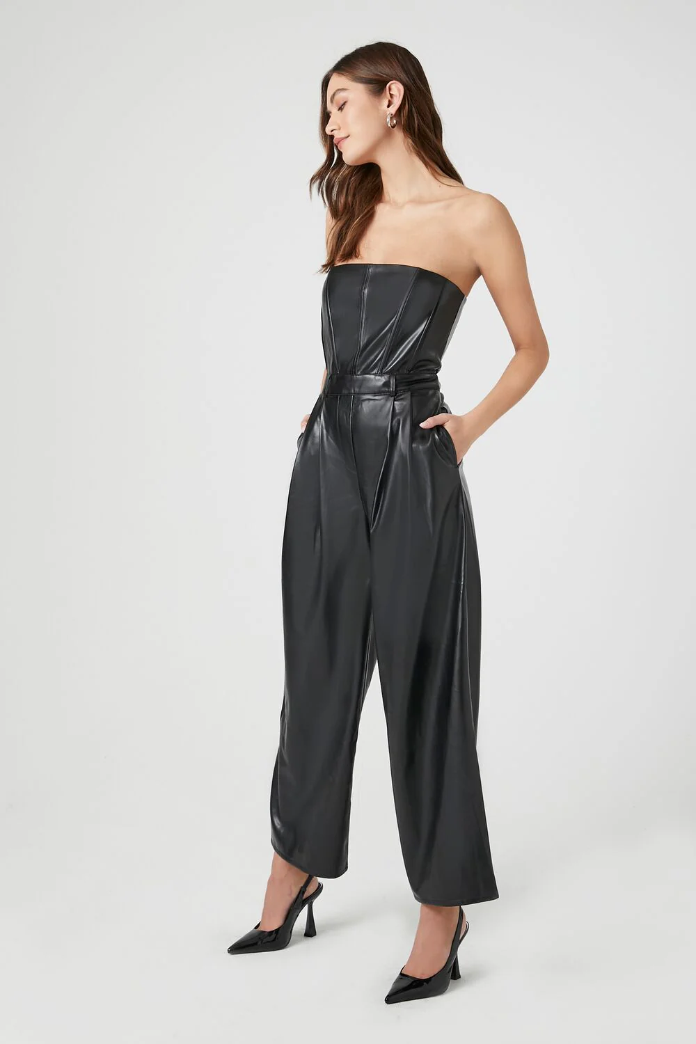 Faux Leather Strapless Jumpsuit - Image 2
