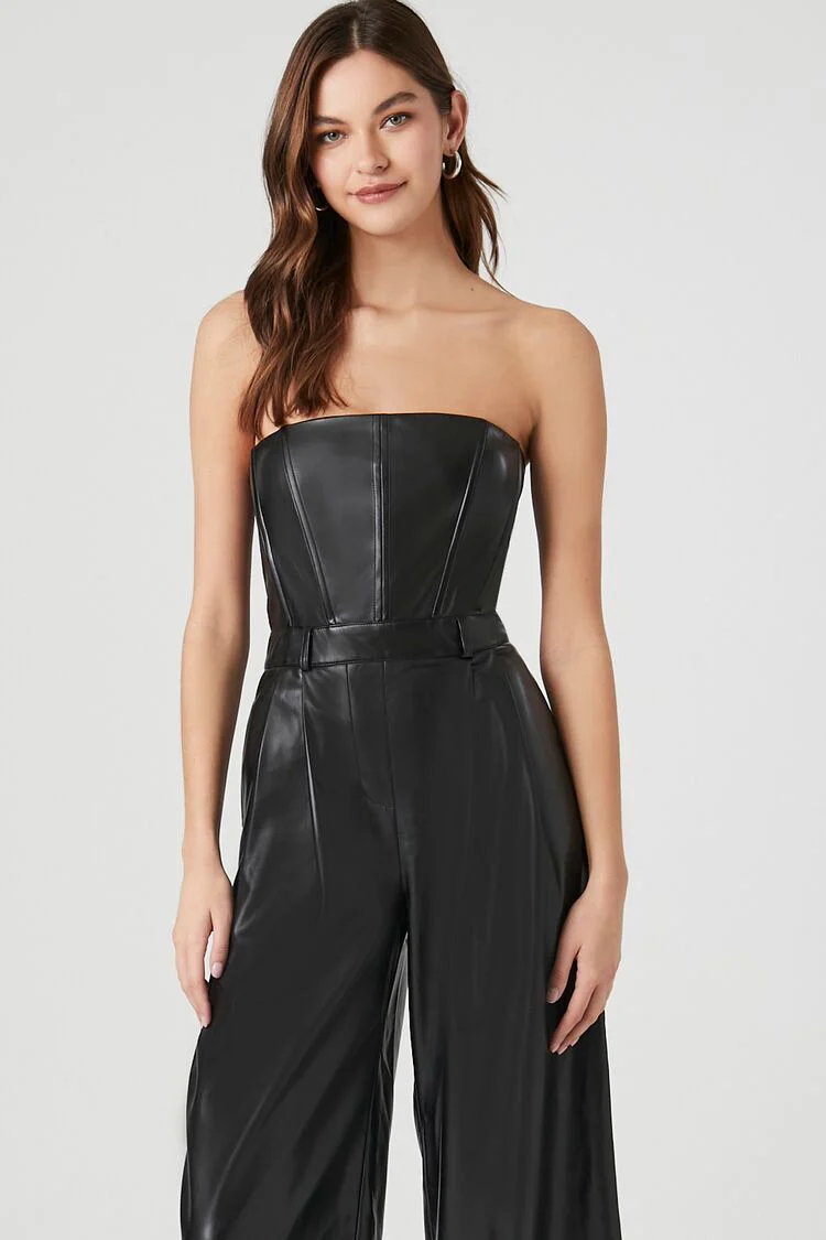 Faux Leather Strapless Jumpsuit - Image 4