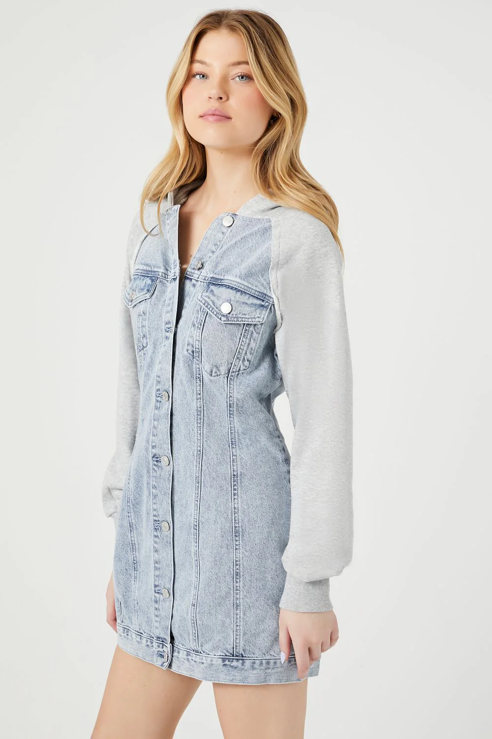 Denim Hooded Combo Mini Dress - Image 2
