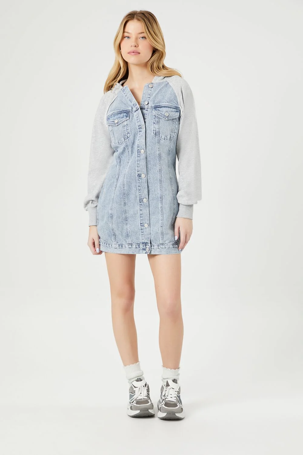 Denim Hooded Combo Mini Dress - Image 4