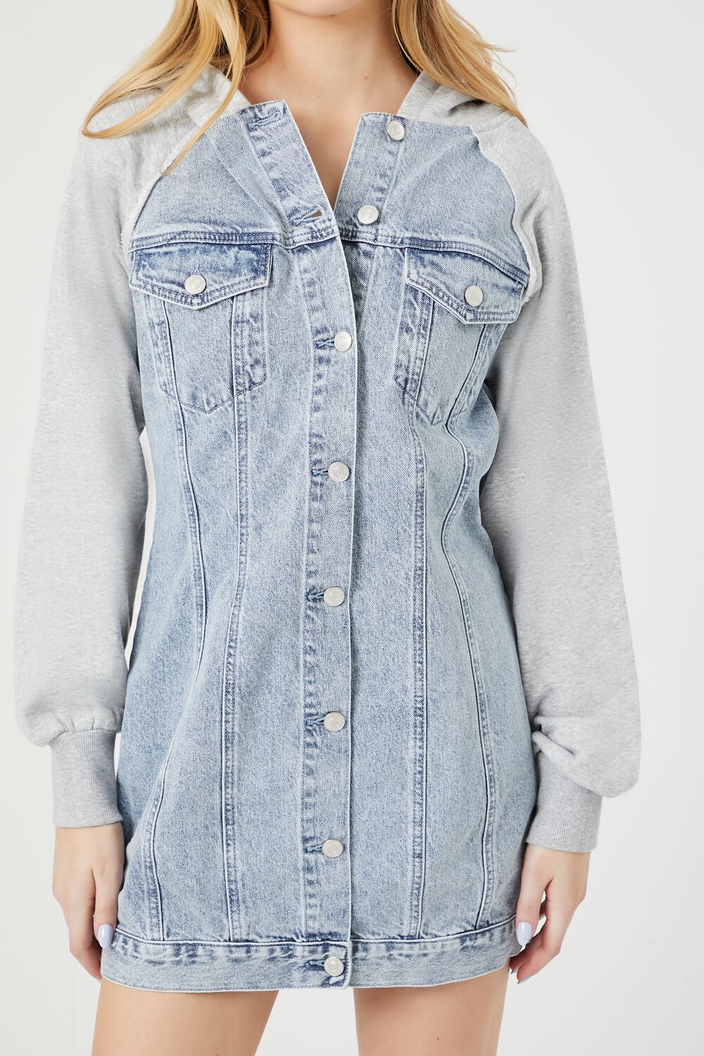 Denim Hooded Combo Mini Dress - Image 5