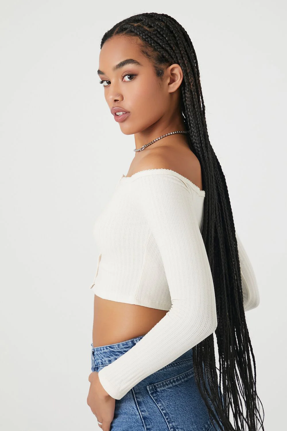 Pointelle Off-the-Shoulder Crop Top - Image 2