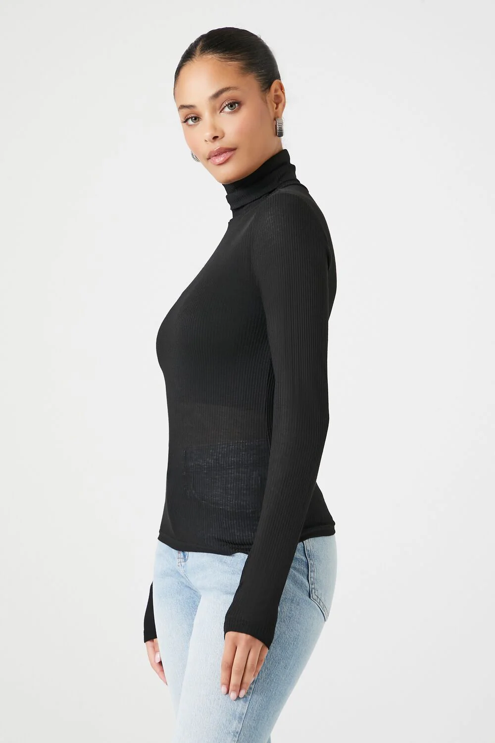 Sheer Ribbed Knit Turtleneck Top - Image 2