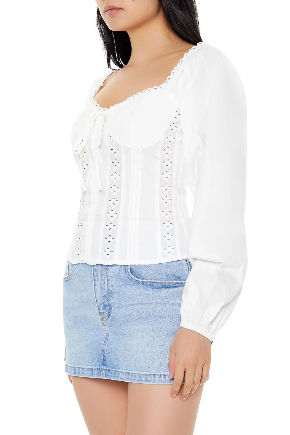 Poplin Eyelet Peasant-Sleeve Top - Image 4